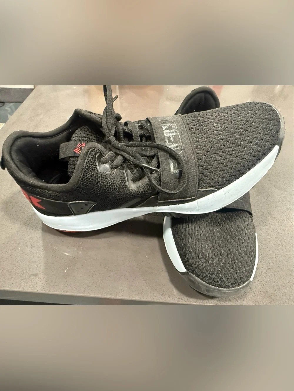 Reebok Men’s Black Athletic Lace-Up Knit Sneakers with Red Logo